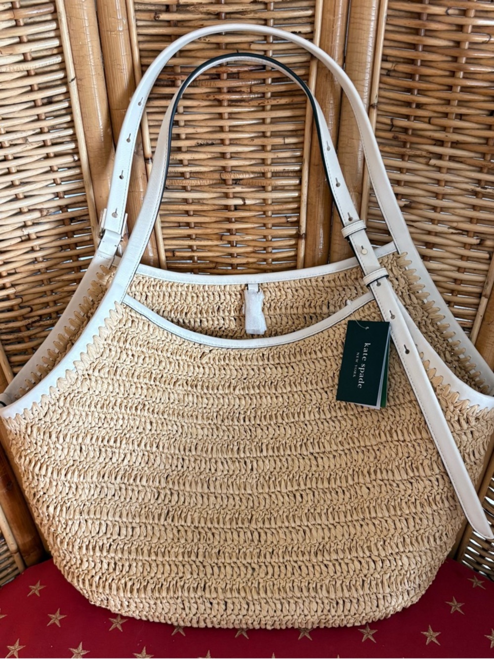 KATE SPADE Designer Deco Straw Tulip Tote Bag! NEW! White leather Straps! Tags! - Picture 4 of 13